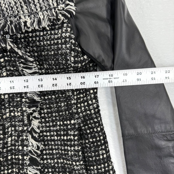 Vince Tweed Leather Moto Jacket Black White Fringe Womens Size M - Picture 2 of 10